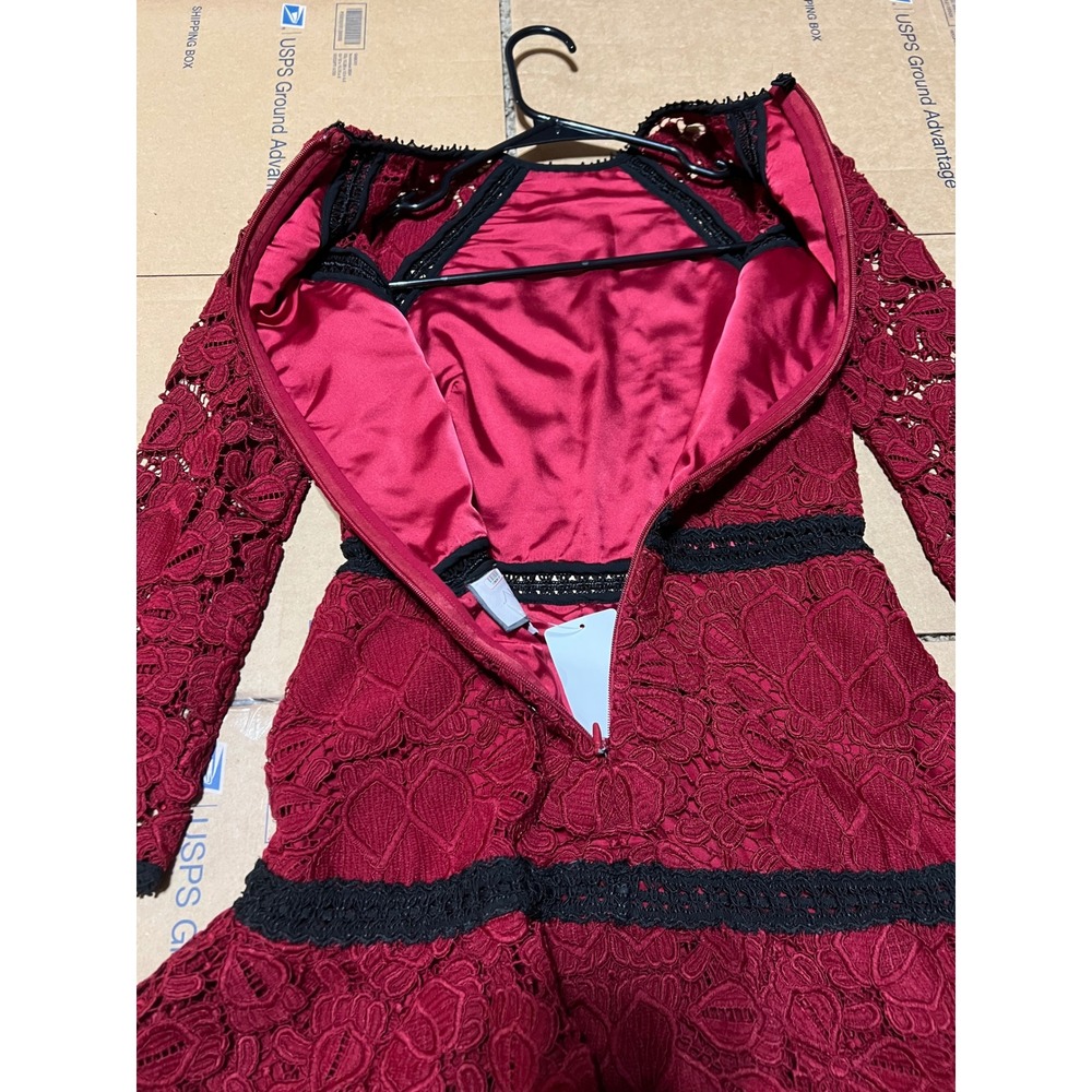 Alexis Khans Dress Burgundy Lace Long Sleeve Tiered Ruffle Mock Neck Cocktail S - Picture 10 of 10